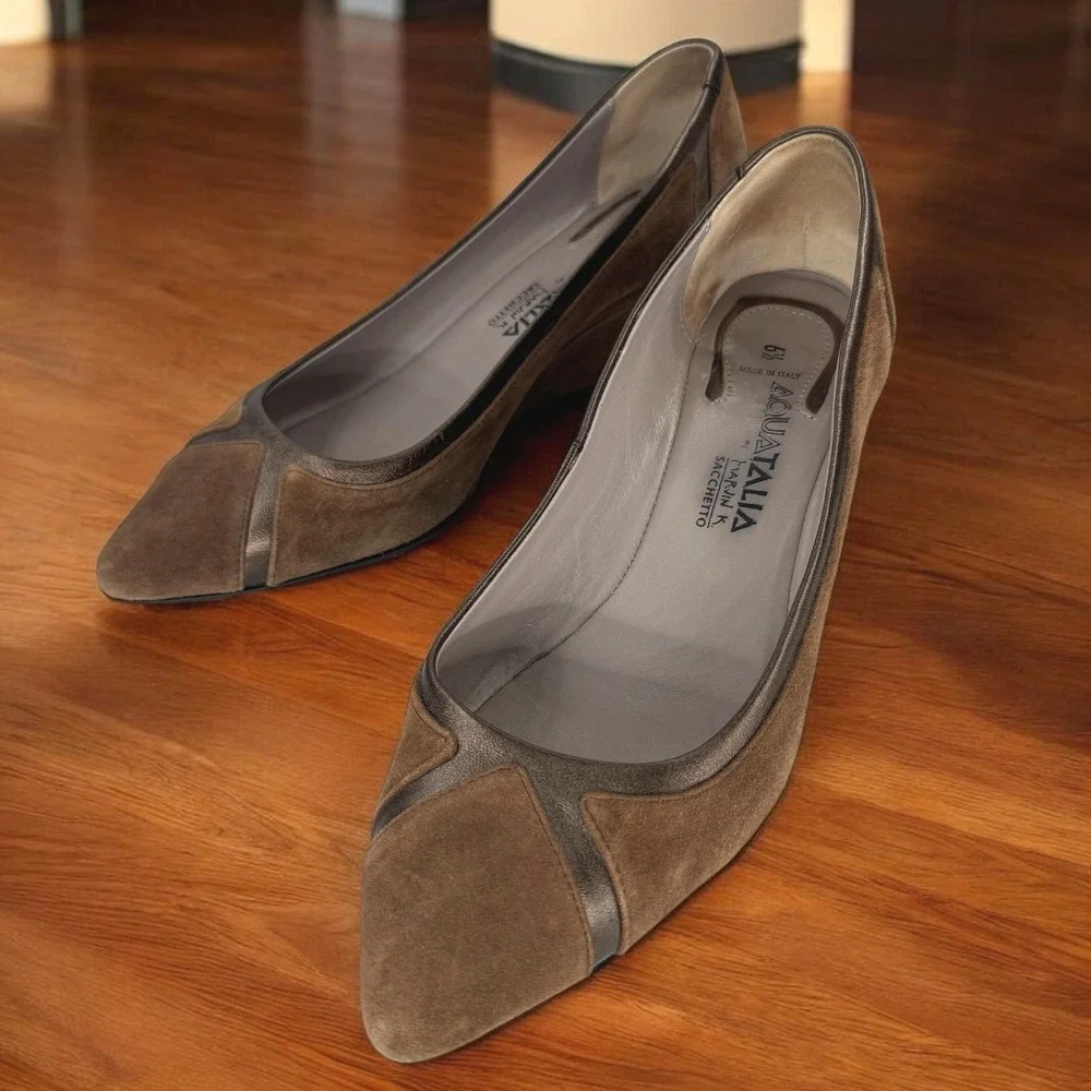 Aquatalia Marvin‎ K Pumps Women 6.5 Brown Suede Leather Pointed Toe Wedge Shoes